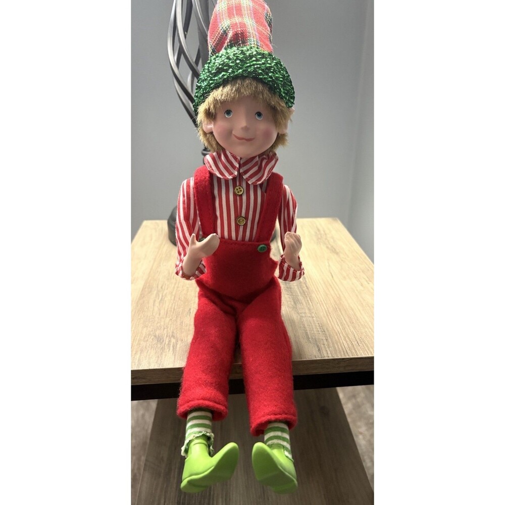 RAZ Imports Christmas Elf Shelf Sitter Red Plaid Striped  Holiday Whimsy Tree